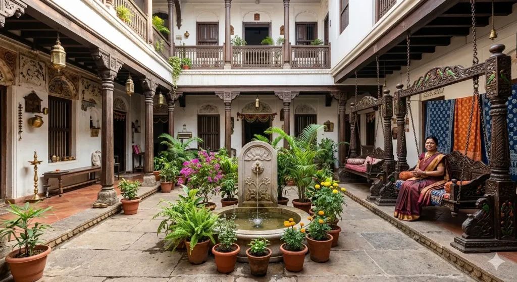Traditional central courtyard Aangan design in a Digras home