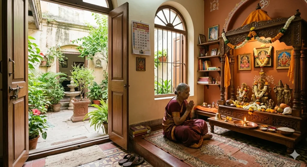 Traditional ground floor puja room placement in a duplex