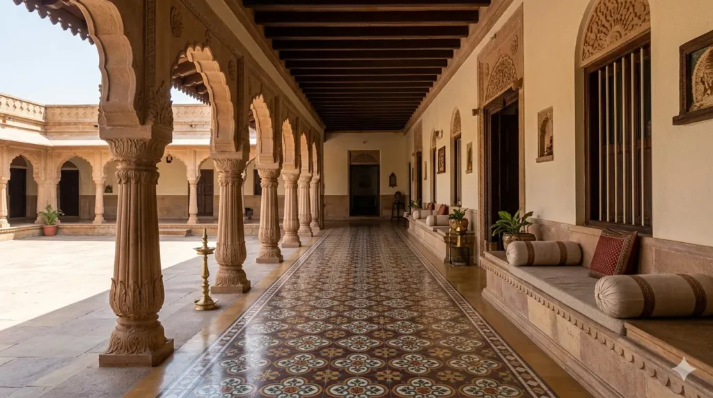 Traditional shaded veranda Osari with pattern tiles and archways