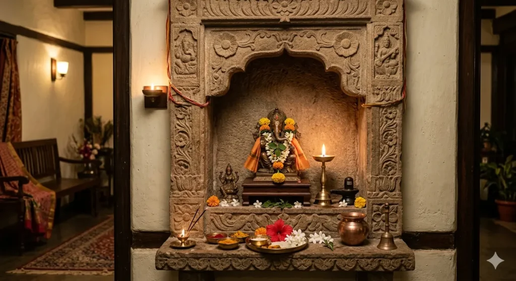 Traditional stone pooja alcove in a Ramdaspeth bungalow with soft respectful ambient lighting