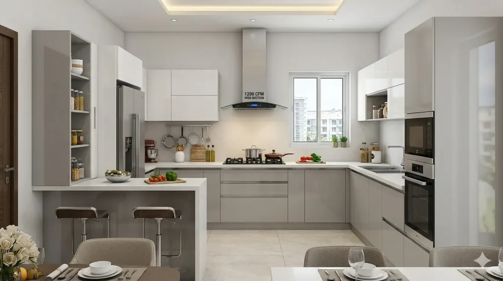 3BHK Interior Design Cost in Besa Nagpur 1 U shaped modular kitchen layout with 1200 CFM high suction chimney in a Besa 3BHK apartment