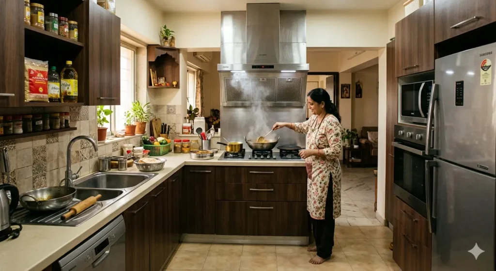 Interior Design on Besa-Pipla Road Nagpur 2 U shaped modular kitchen layout with high suction 1200 CFM chimney for heavy Indian cooking