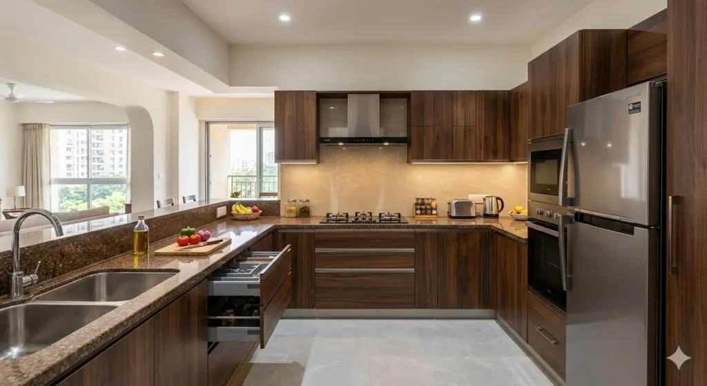 New Home Interior Ideas for Beltarodi Nagpur 2 U shaped modular kitchen with brown granite countertop and integrated chimney in a new Beltarodi flat