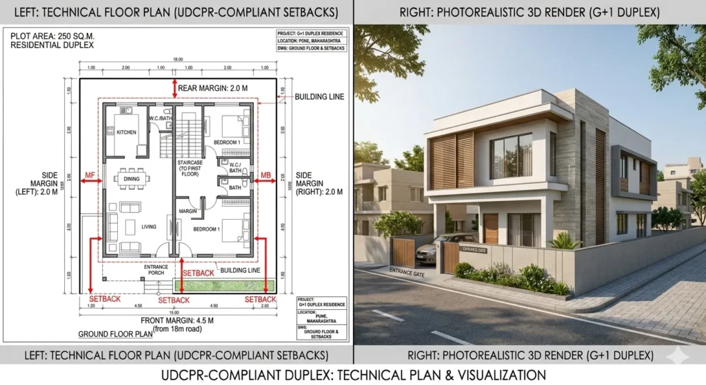 UDCPR compliant duplex house plans and 3D architectural renders