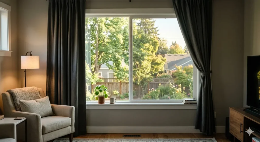 UV filtering window film and blockout curtains on a west facing window in a Nagpur 3BHK