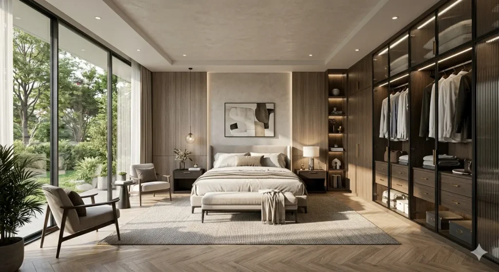 Bungalow Interiors in Civil Lines Nagpur 2 Ultra realistic 8K 3D architectural visualization of a modern master bedroom layout showing custom wardrobe placement and natural light simulation