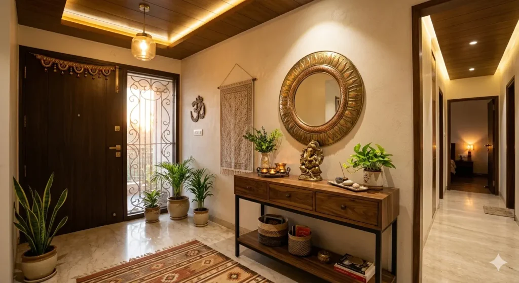 Vastu Compliant Interior Design in Nagpur 1 Vastu aligned north facing foyer design with a custom console and warm ambient lighting in Nagpur