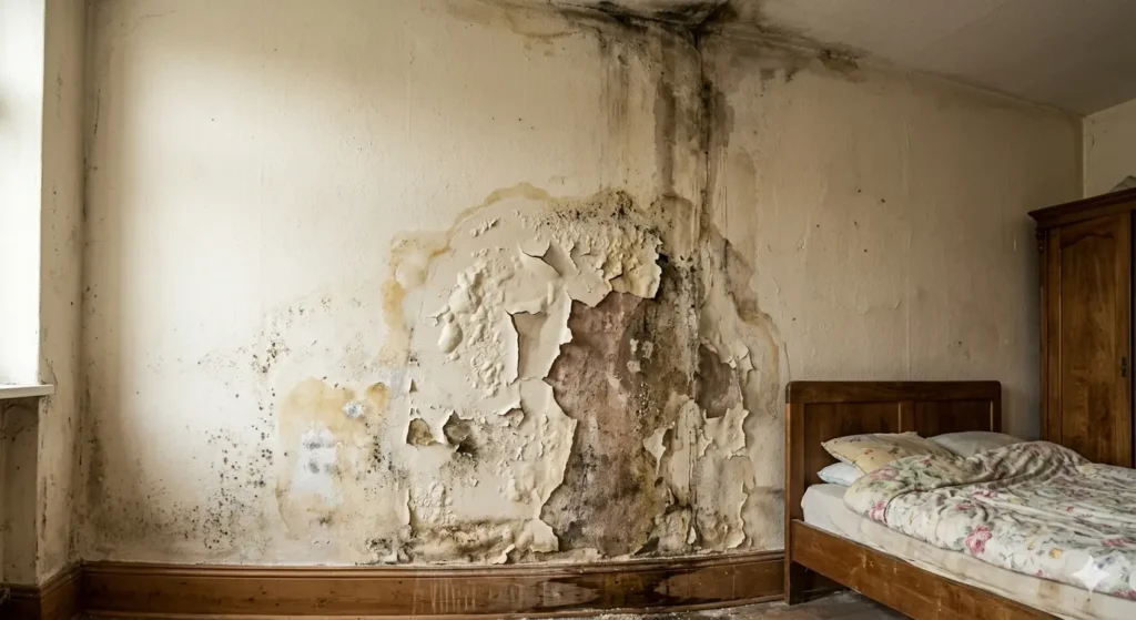 Home Renovation Near Khapri Metro Nagpur 1 Visual signs of bathroom seepage and paint blistering on a bedroom wall in an older Khapri flat