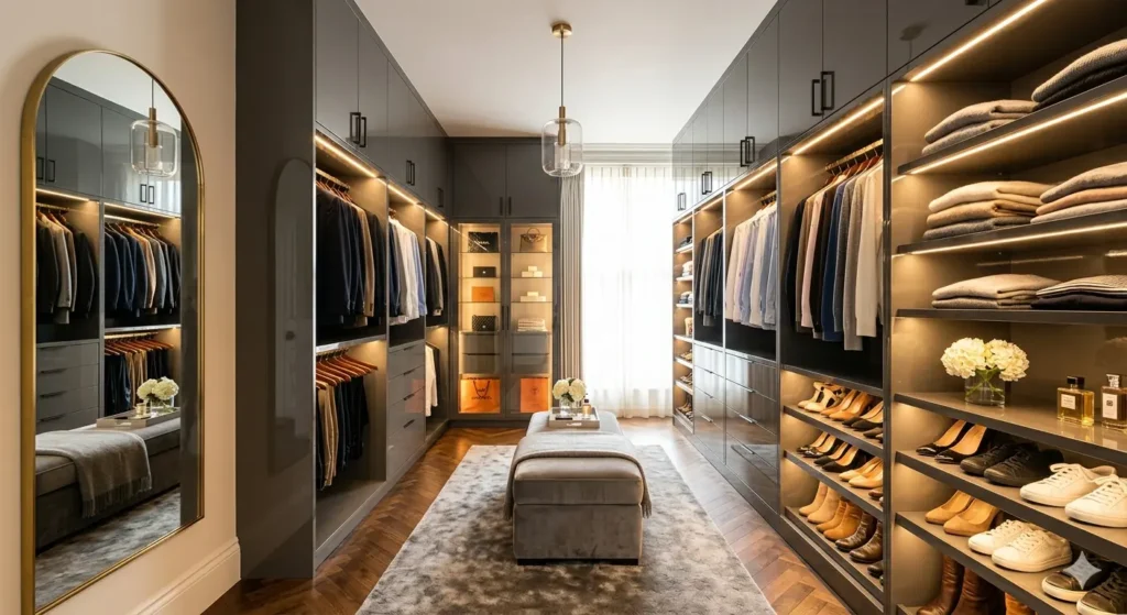Luxury Interiors in Seminary Hills Nagpur 3 Walk in dressing room featuring floor to ceiling lacquered wardrobes and integrated LED lighting