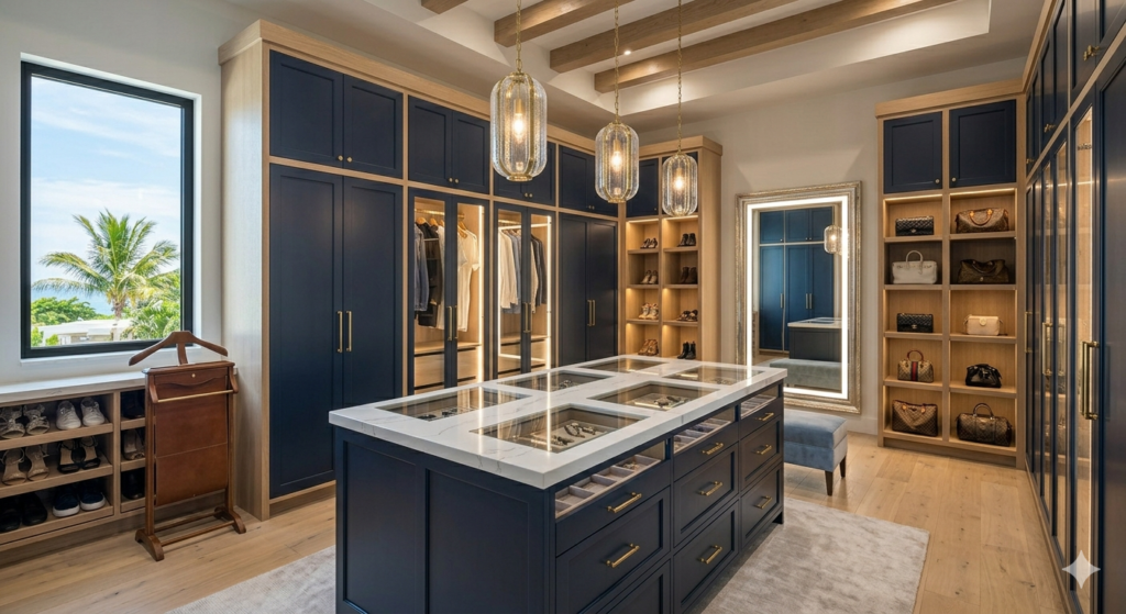 Villa Interior Design in Shankarpur Nagpur 3 Walk in dressing room with floor to ceiling wardrobes and a central island dresser in a luxury Nagpur home