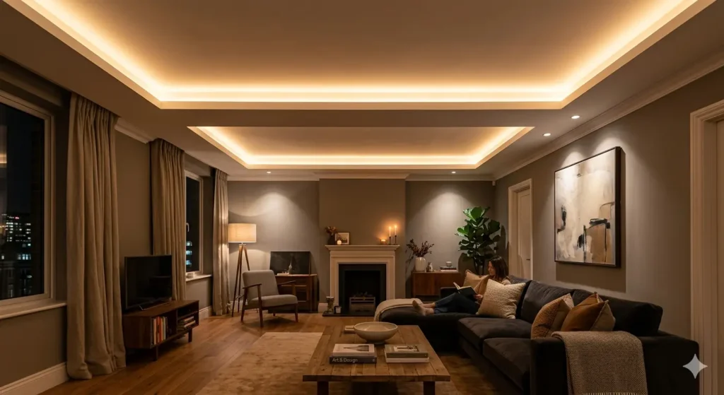 Interior Design for Homes in Dighori Nagpur 3 Warm cove lighting in a Dighori drawing room false ceiling creating a layered lighting effect