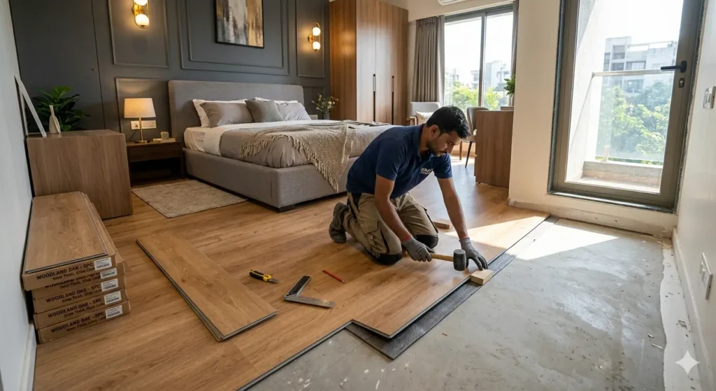 3BHK Interior Design Cost in Besa Nagpur 4 Warm wood grain SPC flooring installation in a contemporary 3BHK bedroom