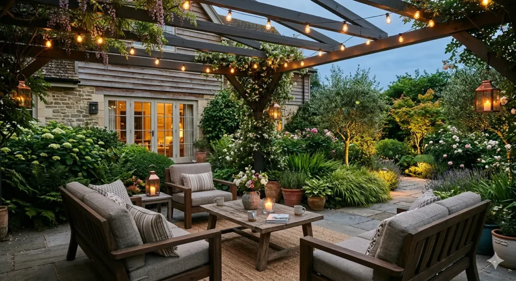 Weather resistant outdoor verandah seating with a structural pergola and ambient garden lighting