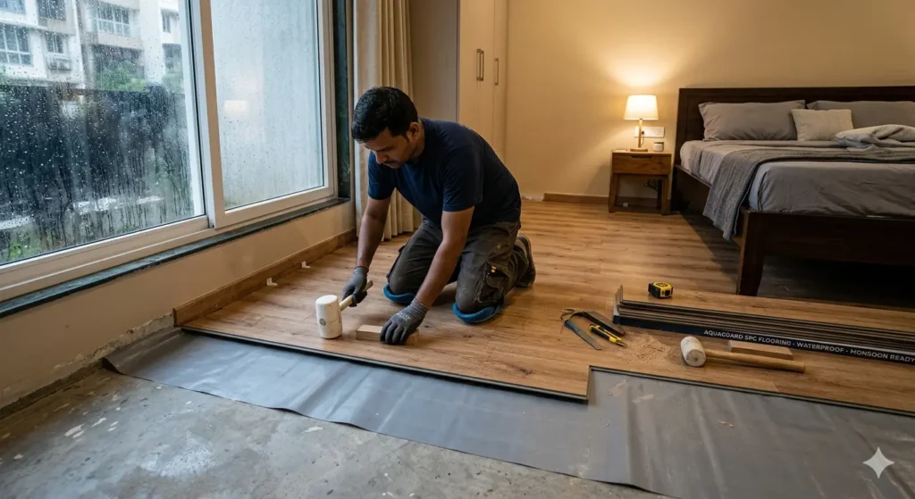 Interiors for New Flats in Narsala Nagpur 3 Wood grain SPC flooring installation in a 3BHK bedroom to prevent warping during Nagpur monsoons