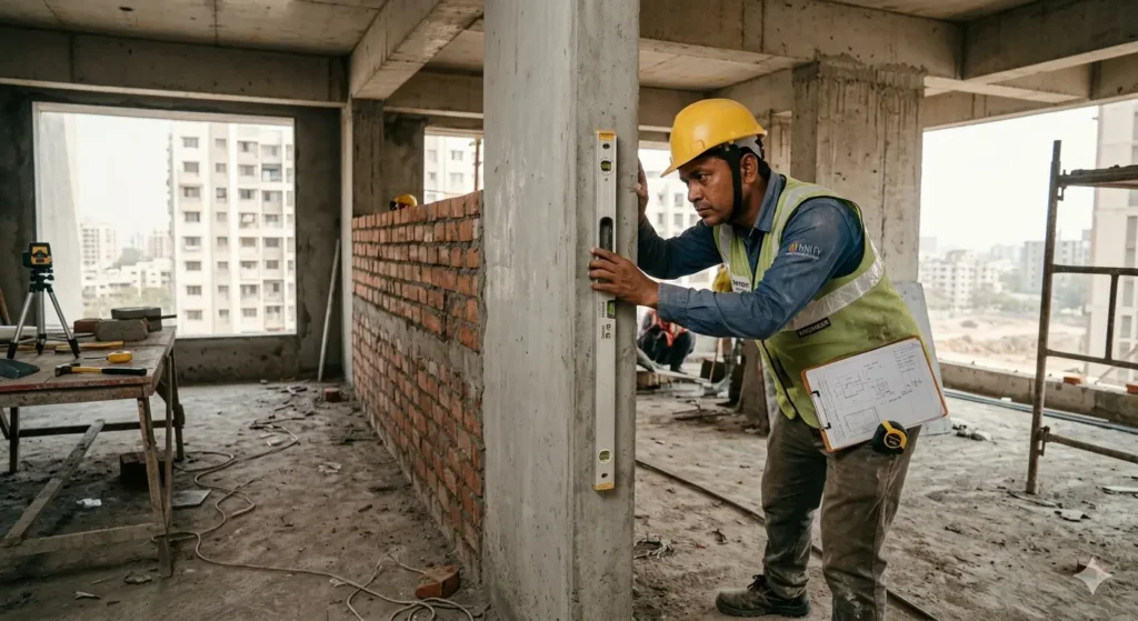 Interior Design Near Hingna Road Nagpur 1 site engineer checking wall plumb and structural health in a Hingna Road apartment
