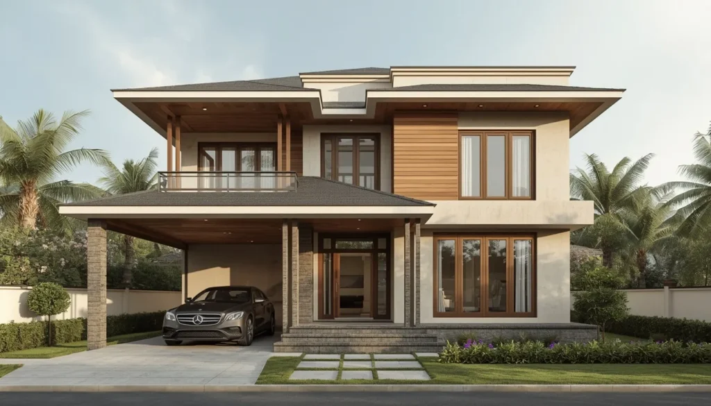 Luxury bungalow exterior with stone facade and sloped roof